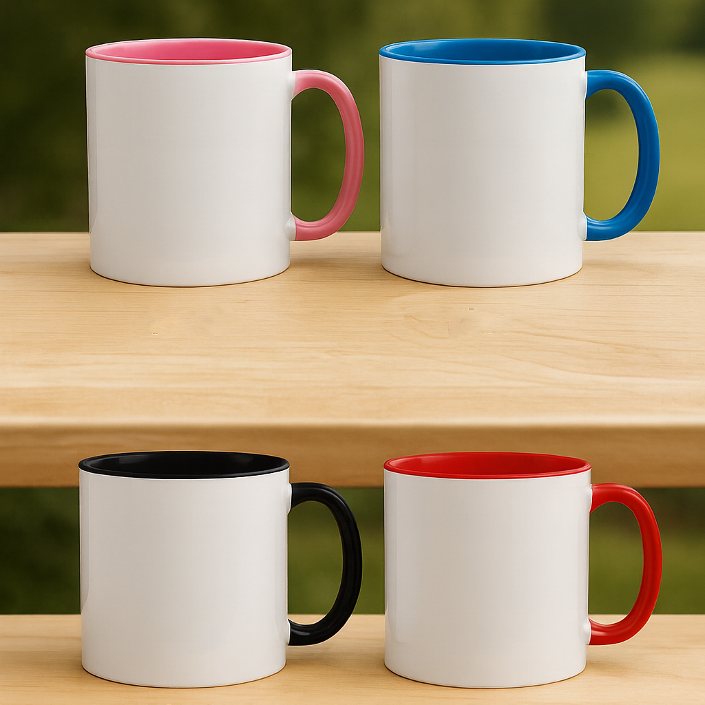 Accent mugs with colored interiors and handles